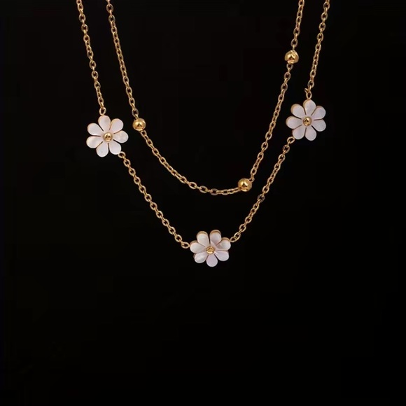 Jewelry - Golden Stainless Steel Double Layer Necklace with White Flowers and Shell Filled